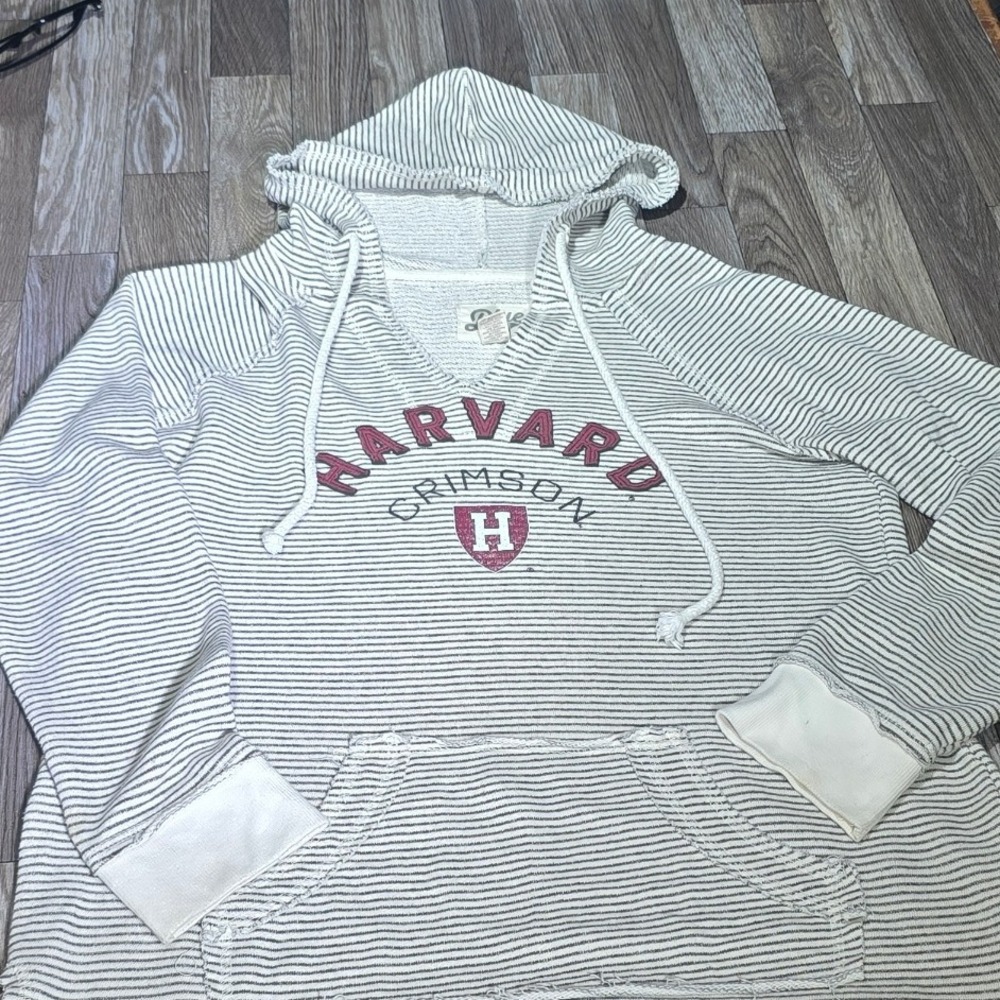 Blue 84 Harvard Crimson Striped V-Neck Pullover Hoodie Women's Size Large Pocket